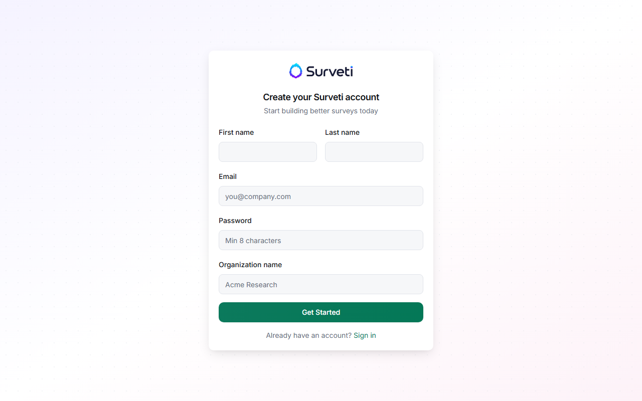 The Surveti sign-up form