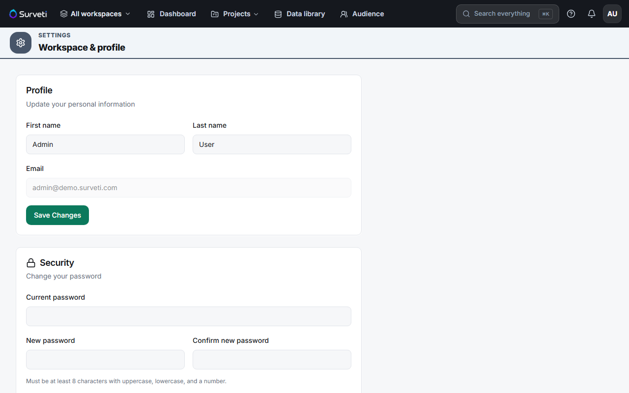The Profile settings page