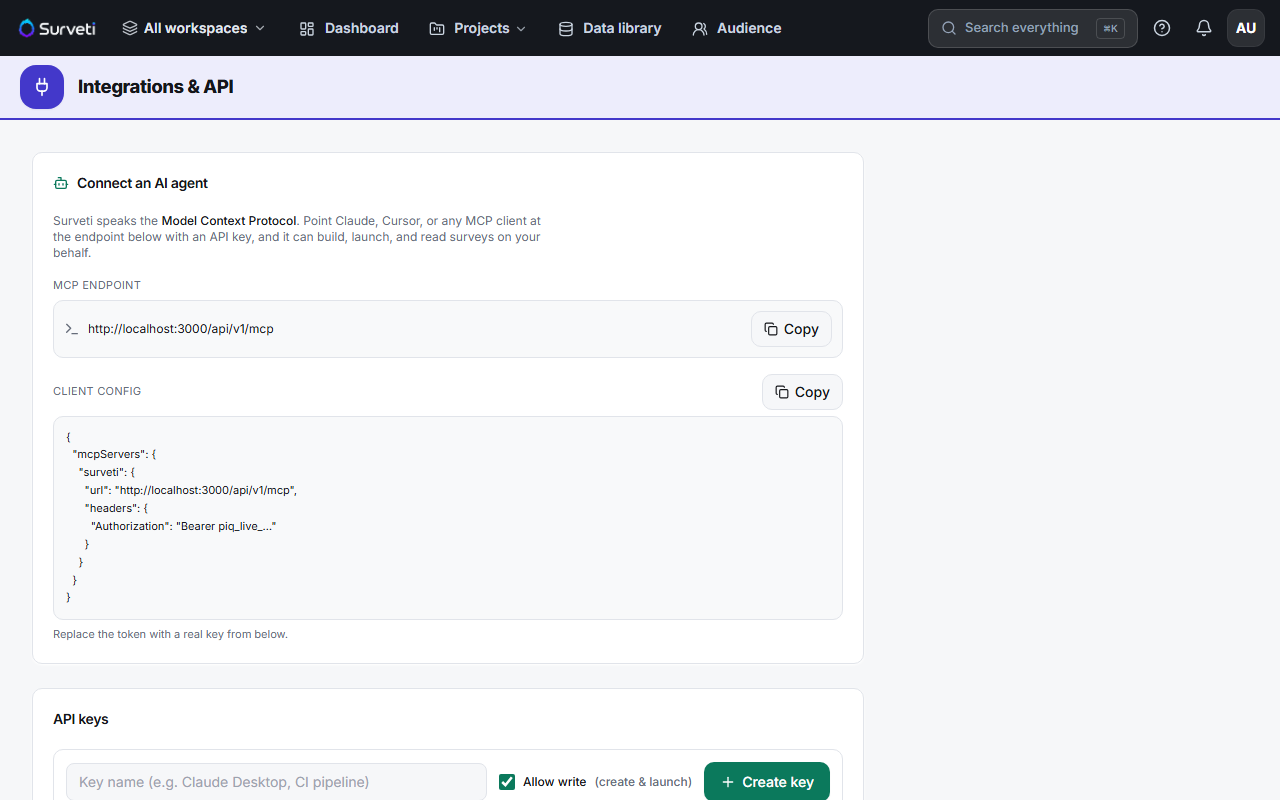 The API keys page with the Allow write checkbox