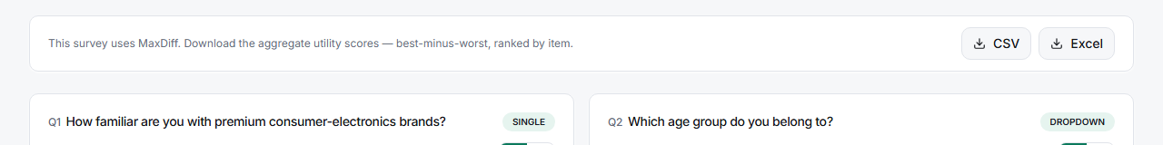 The MaxDiff score download banner with CSV and Excel buttons