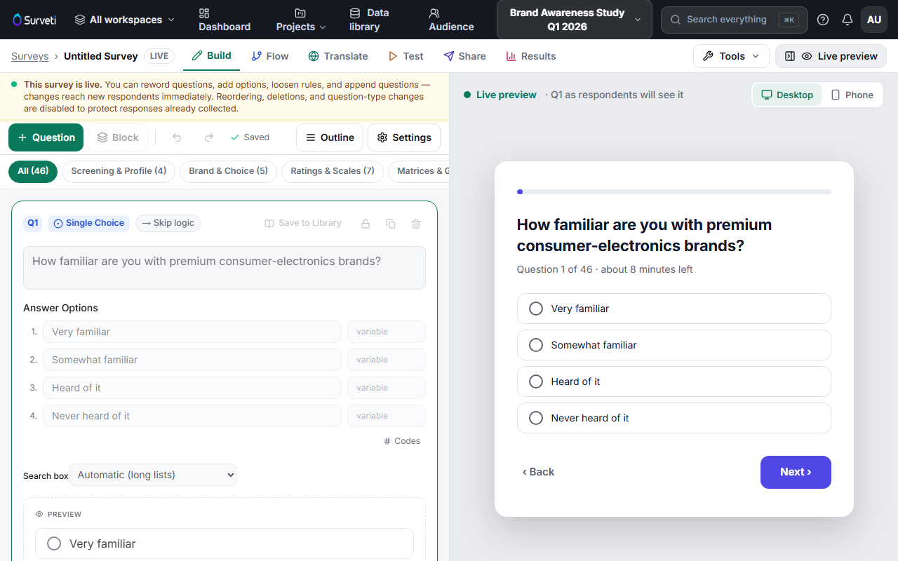 The Survey Builder canvas with live preview