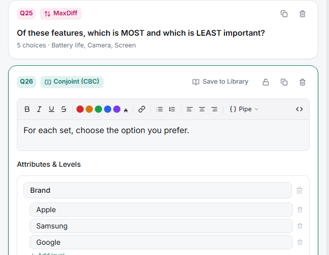 The conjoint editor with design settings