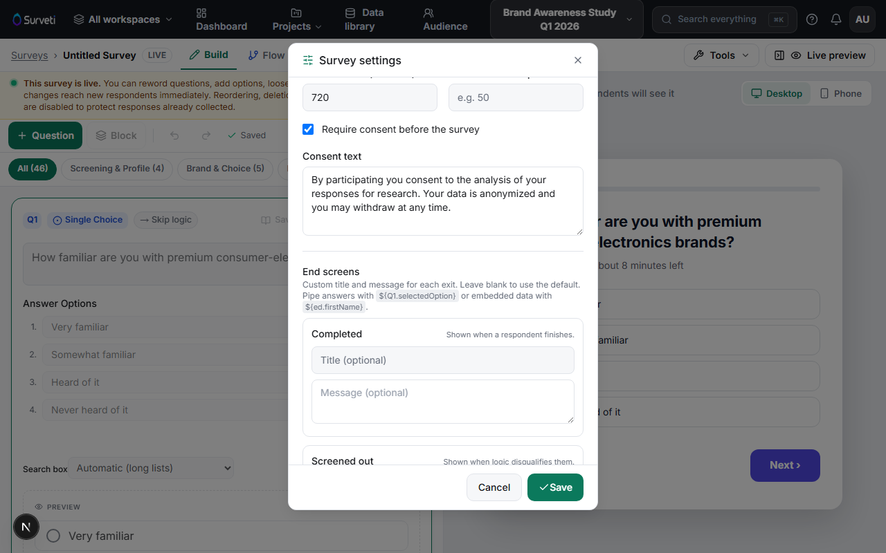 End screens in Survey settings