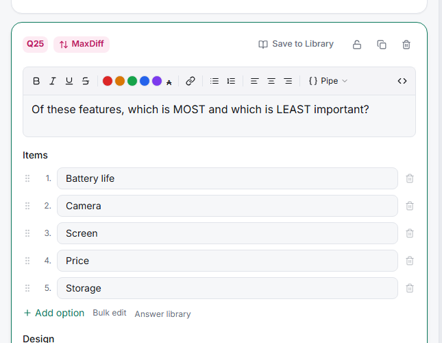 The MaxDiff editor with items and design settings