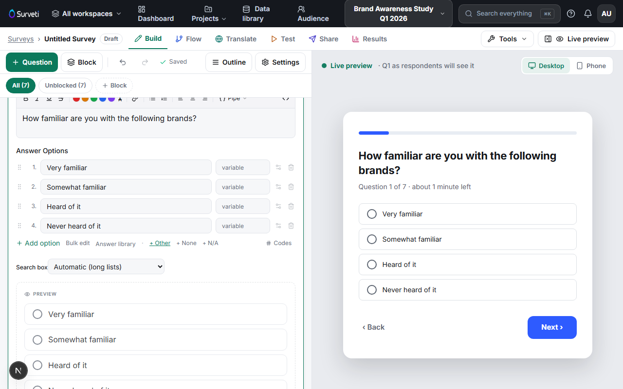 The option editor with + Other, + None and + N/A buttons