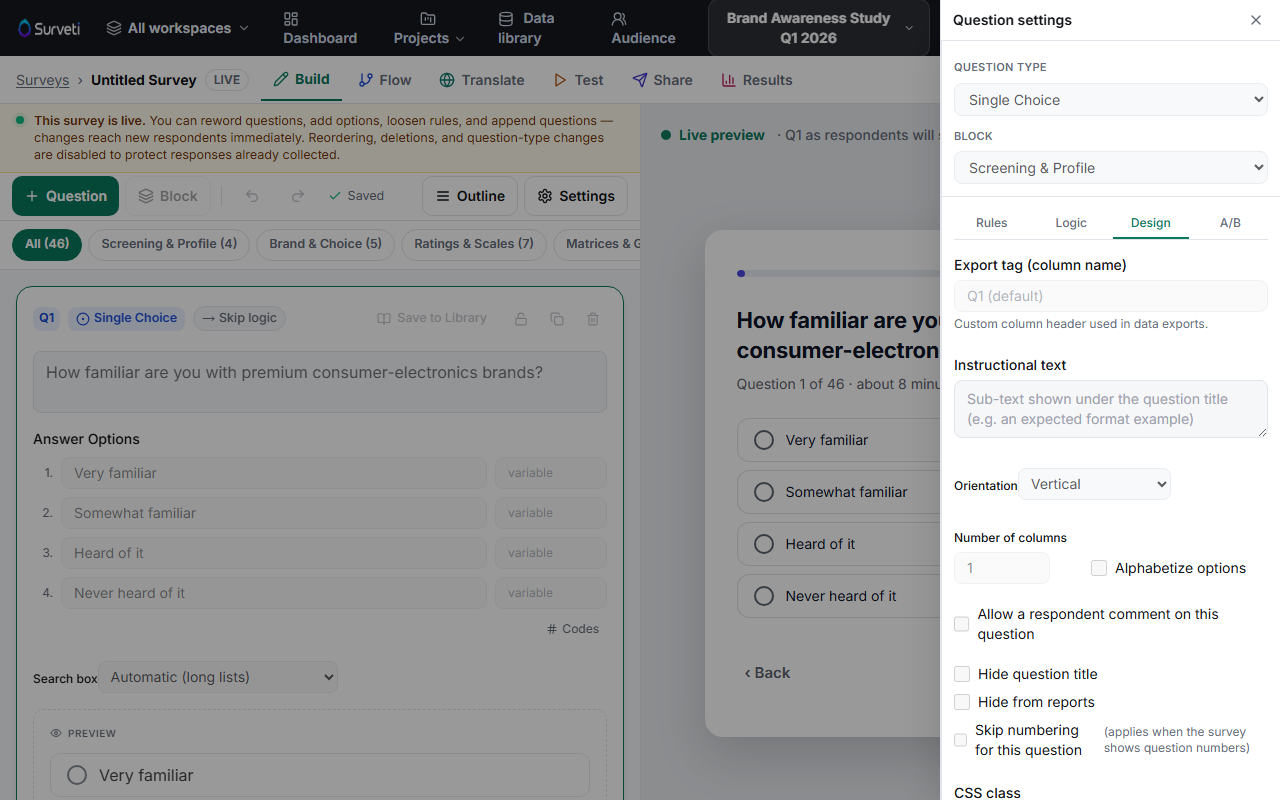 The Design tab of the question settings drawer