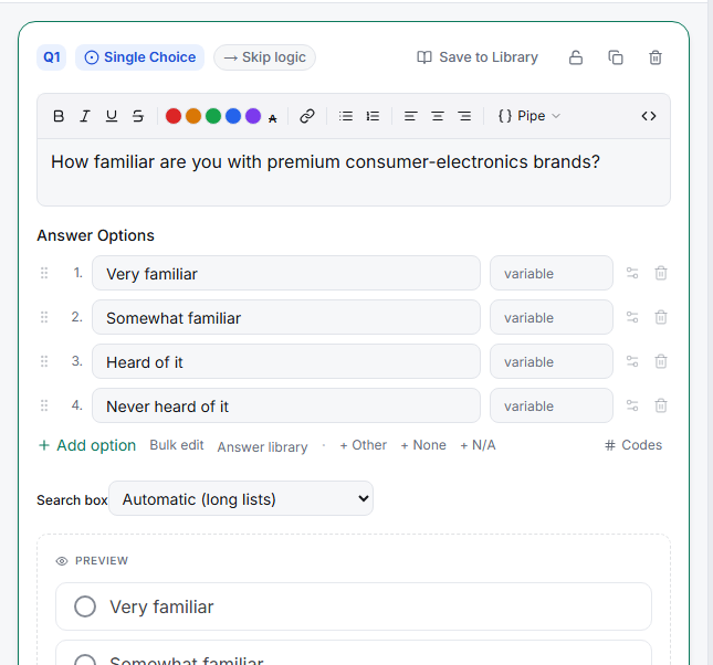 The Single Choice editor with options
