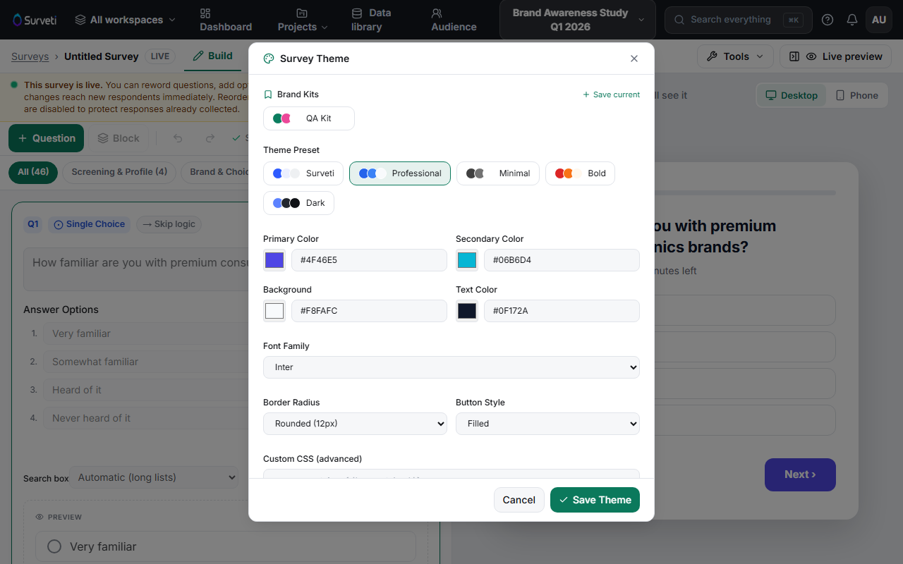 The Survey Theme dialog with presets