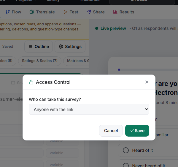 The Access control panel with Password required