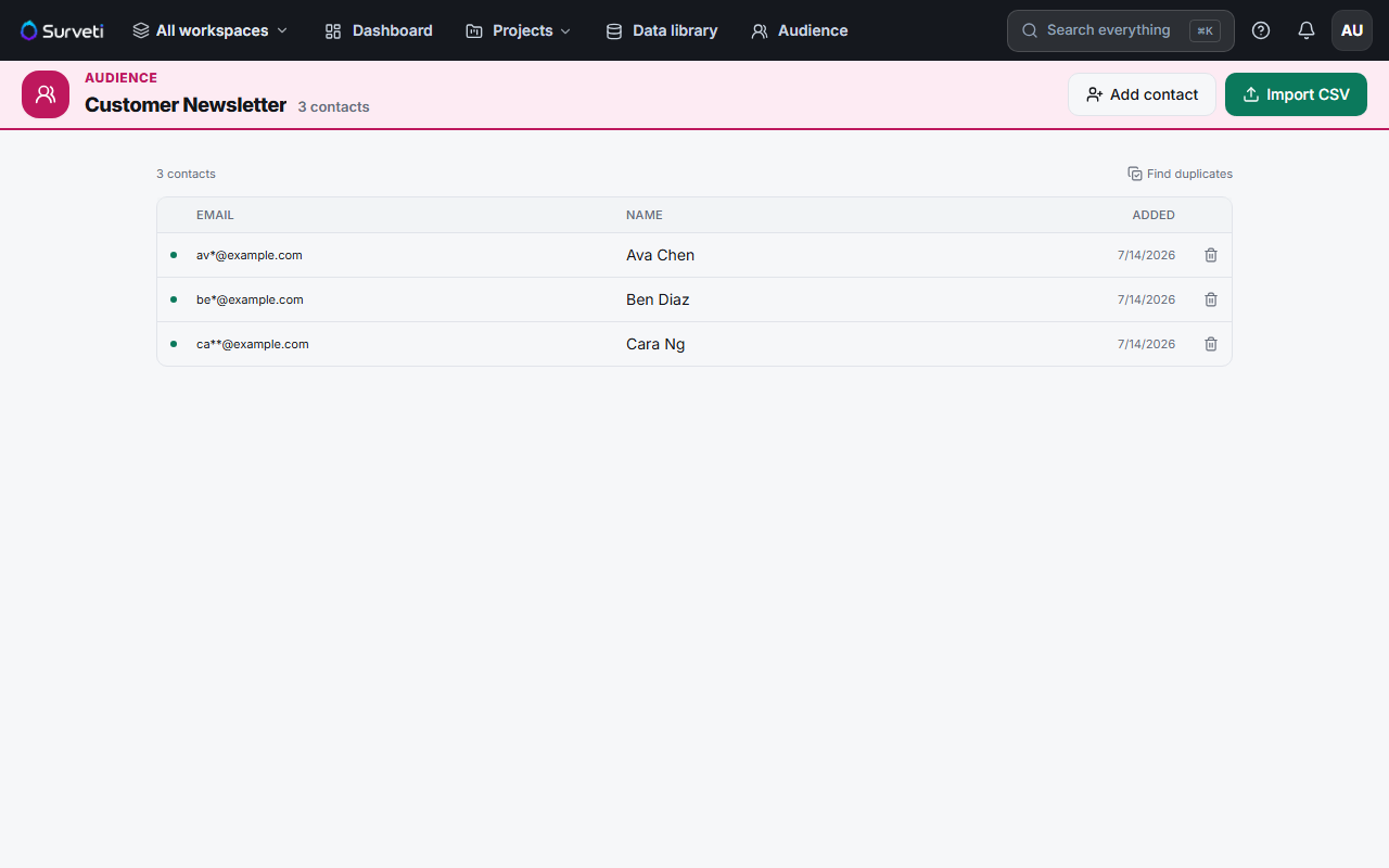 A contact list with the Import CSV button