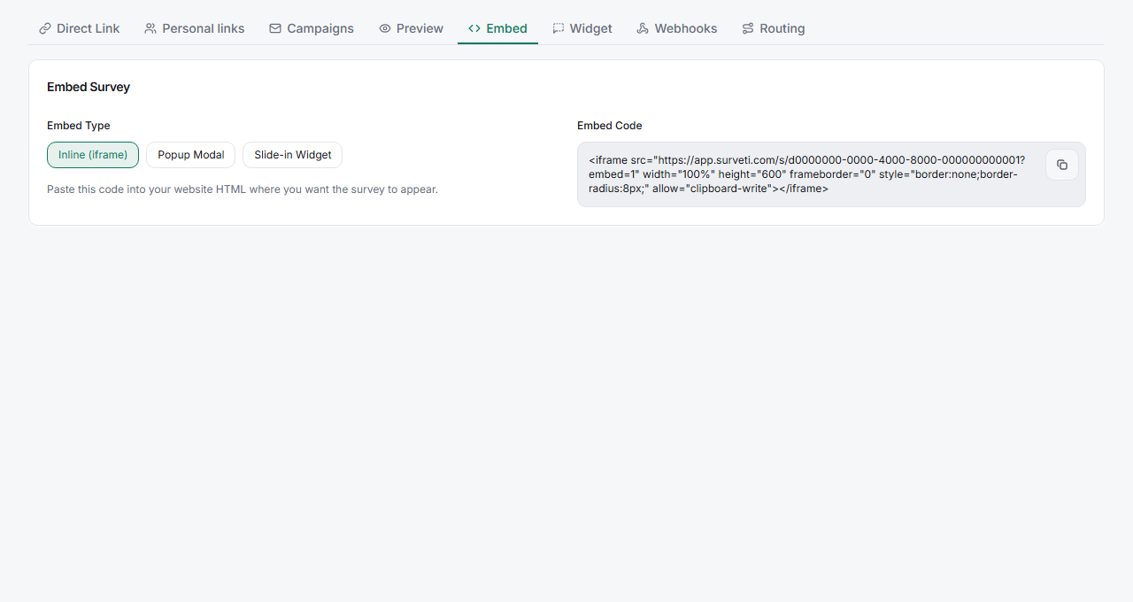Embed Type options: Inline, Popup Modal, Slide-in Widget