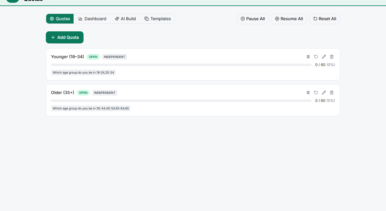 The Quotas page with quota cards and fill bars