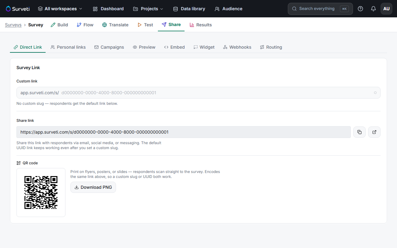 The Share tab with all distribution channels