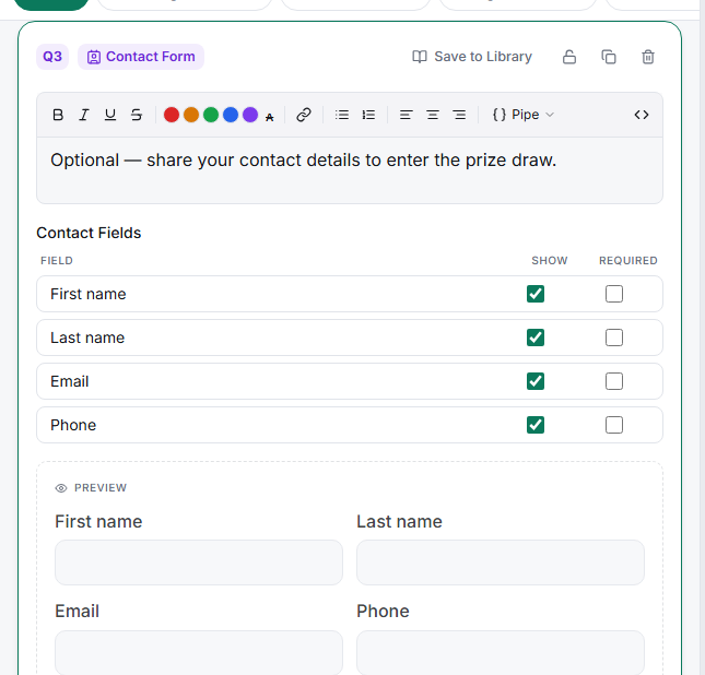 The Contact Form editor with Show and Required toggles