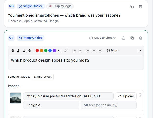 The Image Select editor with image options
