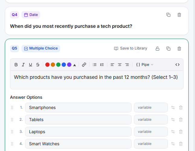 The Multiple Choice editor with Min and Max Selections