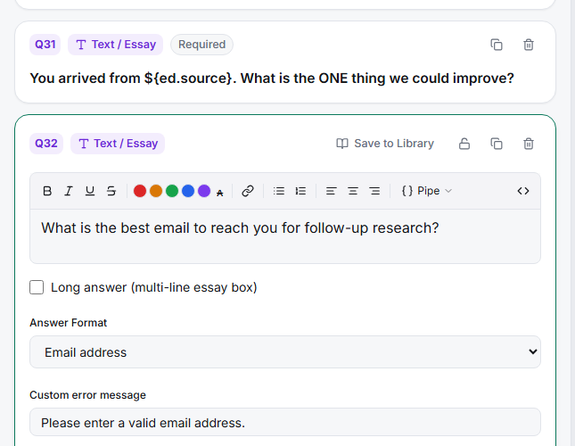 The open text editor with the Answer Format dropdown