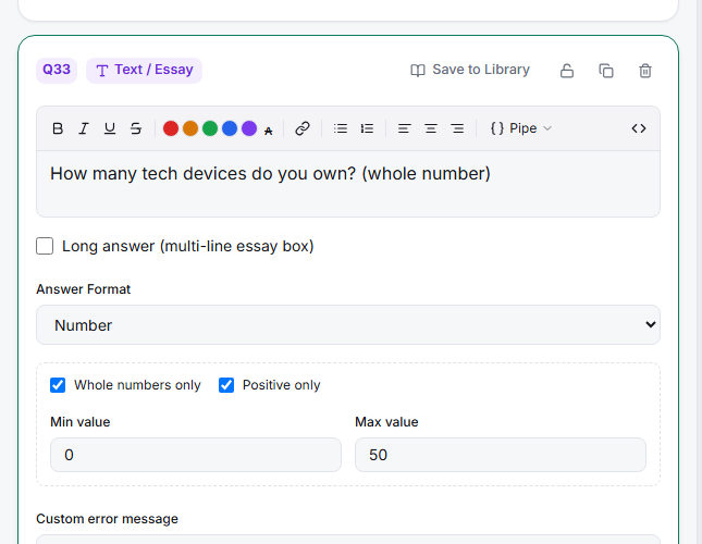 The open text editor with Answer Format set to Number