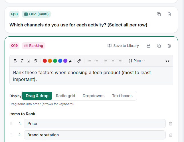 The Ranking editor with items to rank