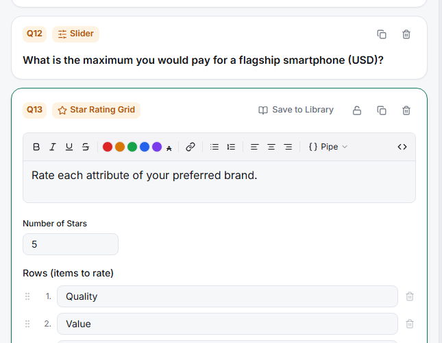 The Star Grid editor with rows and star count