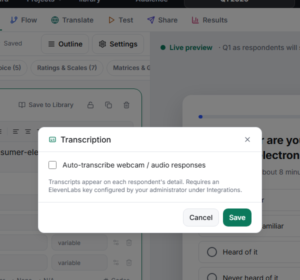 The Transcription settings dialog