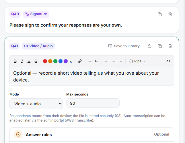 The Video Response editor with mode and length options