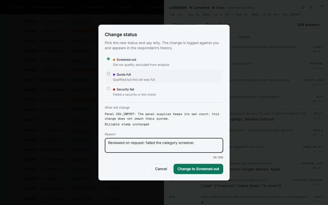 The Change status dialog with Screened out selected and the side-effect preview