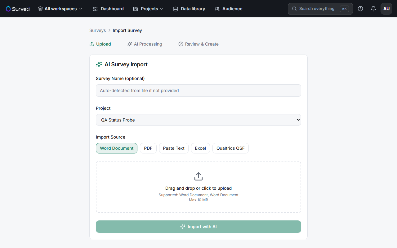 The AI Survey Import page