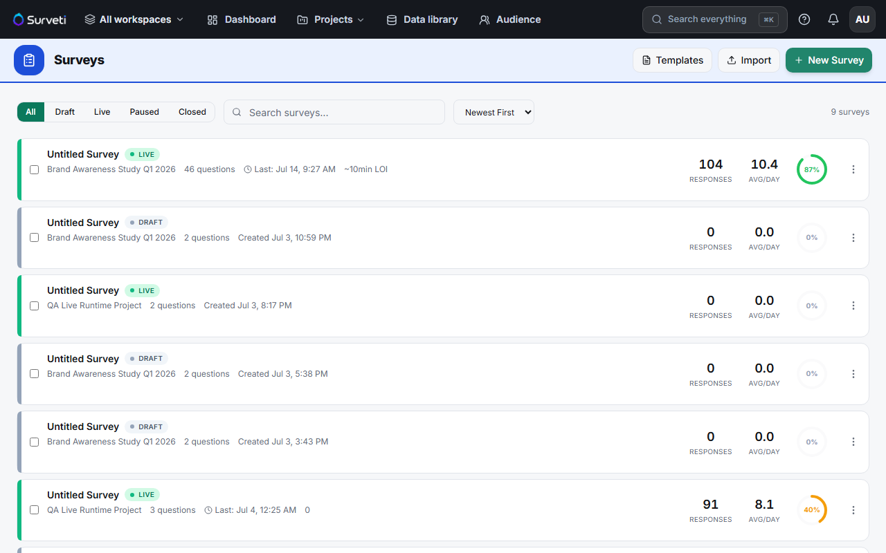 The survey list with status filters
